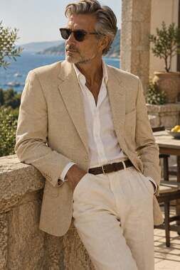 Versini Beige Silk Coastal 2 Button Lined Vtg Inspired Blazer. Mens 48 XLong
